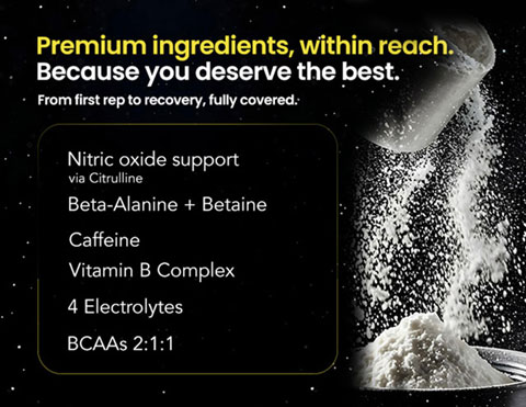Premium supplement powder showing high-quality STORM ingredients including nitric oxide support, beta-alanine, caffeine, vitamin B complex, electrolytes, and BCAAs