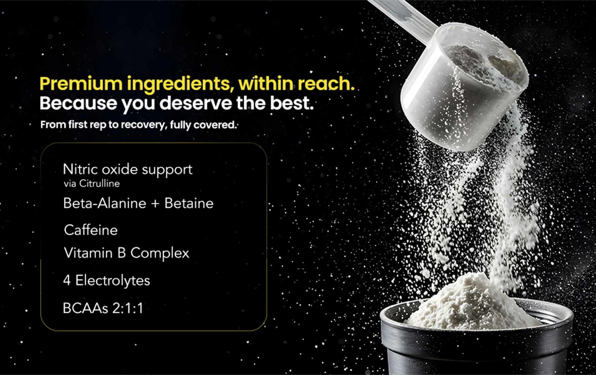 Premium supplement powder showing high-quality STORM ingredients including nitric oxide support, beta-alanine, caffeine, vitamin B complex, electrolytes, and BCAAs