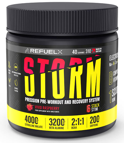 STORM pre-workout supplement container with nutritional facts